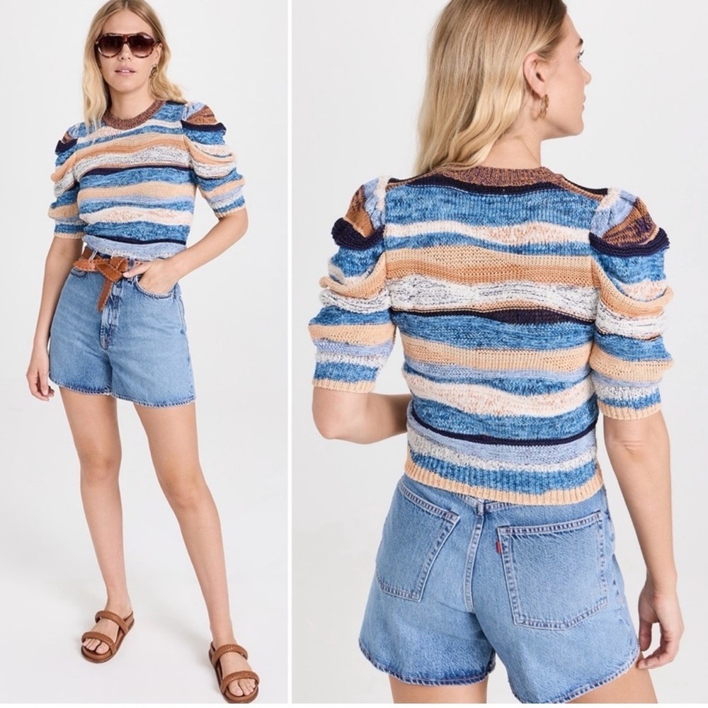 Ulla Johnson Odie Stripe Jacquard Sweater Shirt Aegean Top Size Small.